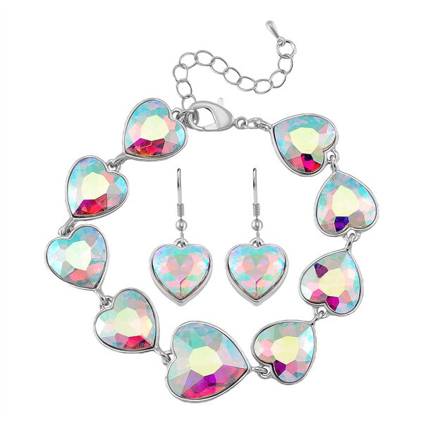 2er Set - Simulierter Mystischer Weißer Kristall Armband und Ohrringe, silberfarben image number 0