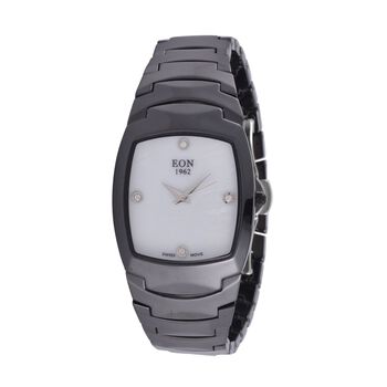 EON 1962 Moissanit Uhr mit schweizer Uhrwerk, Keramikarmband und Perlmutt Ziffernblatt, 19 cm