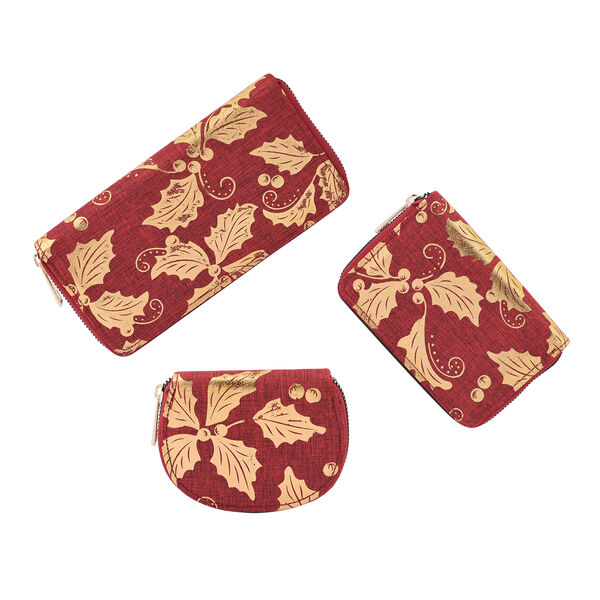 3er-Set Jute Brieftasche, Blattmuster, Gr&ouml;&szlig;e 19,5x3x9,5 cm, Rot und Gold