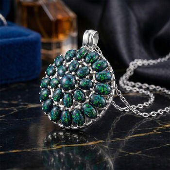 Simuliertes schwarzer Opal Anh&auml;nger mit Kette ca. 50 cm + 5 cm Extender, 316L Edelstahl