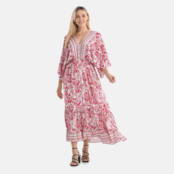 Maxikleid mit Boho-Muster, V-Ausschnitt, elastischer Taille und R&uuml;ckenschleife, 38&times;135 cm, Rosa