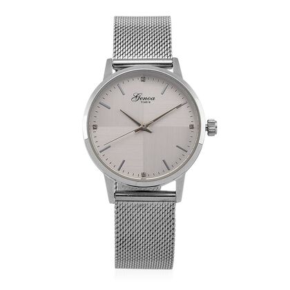 GENOA TIME - V2 Automatik Armbanduhr, Geh&auml;use 316 Edelstahl Zweifarbiges Sonnenschein Zifferblatt mit wei&szlig;em Diamant Edelstahl Mesharmband silberfarben