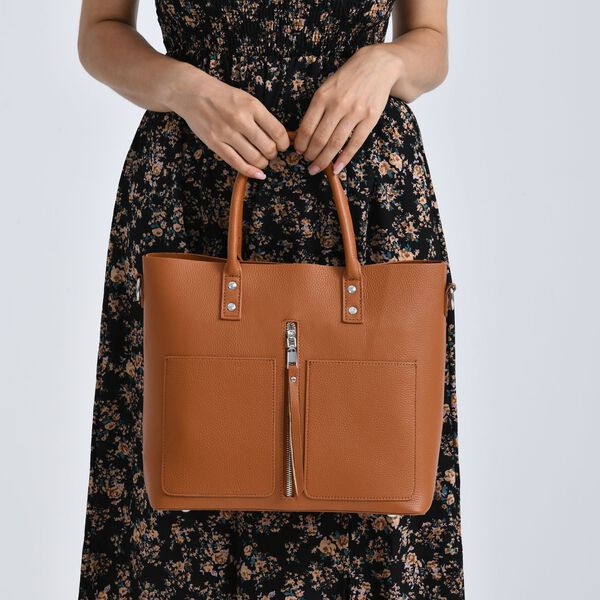 Echtleder Crossbody Tasche, mehrere F&auml;cher, Rei&szlig;verschluss vorne, 31 x 12.5 x 29 cm, Braun image number 4