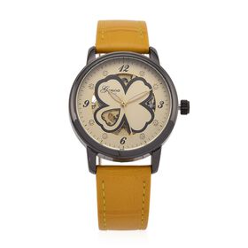 GENOA TIME V2 Automatikuhr mit Automatikwerk, Zifferblatt mit Blumenmuster und Moissaniten, gelbes Lederarmband, 36 mm, ca. 0,08 ct.