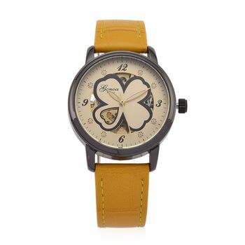 GENOA Automatikuhr mit Automatikwerk, Zifferblatt mit Blumenmuster und Moissaniten, gelbes Lederarmband, 36mm