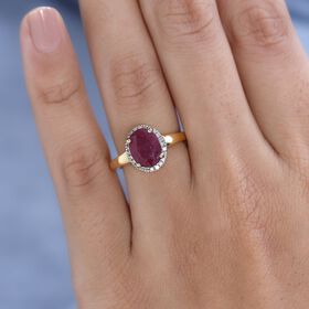 Afrikanischer Rubin (Fissure gefüllt), Weißer Diamant Ring, 925 Silber Gelbgold Vermeil (Größe 17.00) ca. 2.69 ct