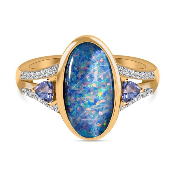 Boulder Opal Triplett und Tansanit Ring 925 Silber Gelbgold Vermeil  ca. 2,47 ct