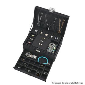 Samt-Schmuckkästchen, 3-lagig mit Schublade und Schloss, 24,5x17x11,5cm, Schwarz