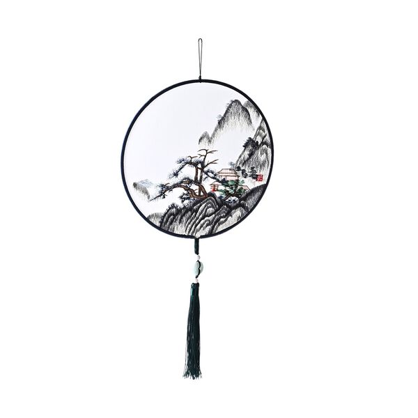 "Brand:LIVMORE Double-sided embroidery Silk wall decoration with  Jade tassel- Round shape                                                                                                            Size Dia: 20cm Pattern:dark blue Mountain Dwelling Packag image number 4