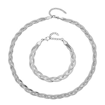 2er Set, Geflochtene Halskette und Armband, Edelstahl silberfarben