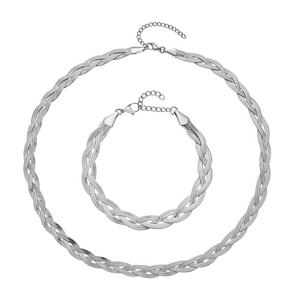 2er Set, Geflochtene Halskette und Armband, Edelstahl silberfarben