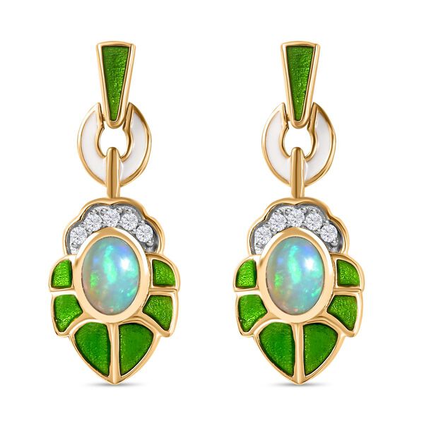 AA Nat&uuml;rlicher, &auml;thiopischer Welo Opal, Wei&szlig;er Zirkon Ohrringe 925 Silber 750 Gelbgold Vermeil ca. 1.24 ct