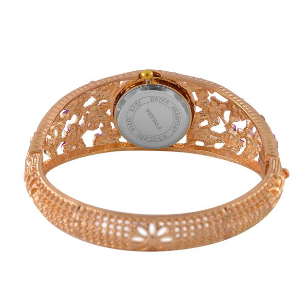 Strada - Elegante Bangle-Uhr mit Gold-Sonne-Zifferblatt, Lila und weiße Kristallen, Japanischem Uhrwerk, Reiner Edelstahl, emailliert image number 6