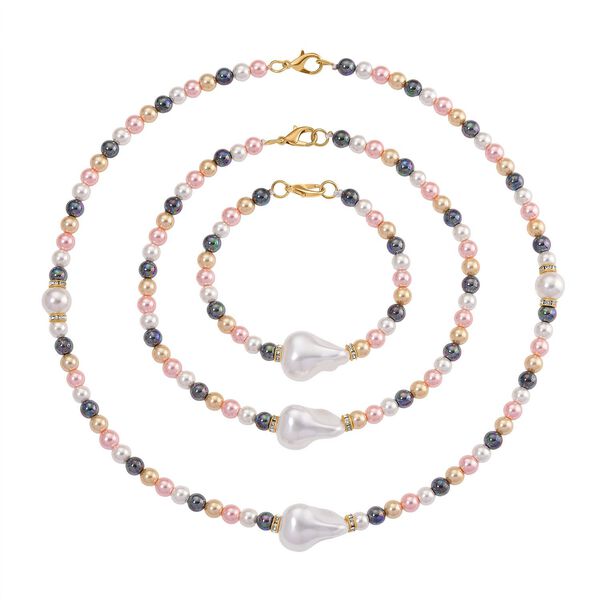 3er Set Mehrfarbige-Muschelkernperlen-Schmuckstücke, bestehend aus Armband (ca. 19 cm) und zwei Halsketten (ca. 40 cm und 50 cm), gelb vergoldet image number 0