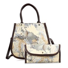2er Set - Handtasche und Geldbörse, Baumwolle, Grau Floral