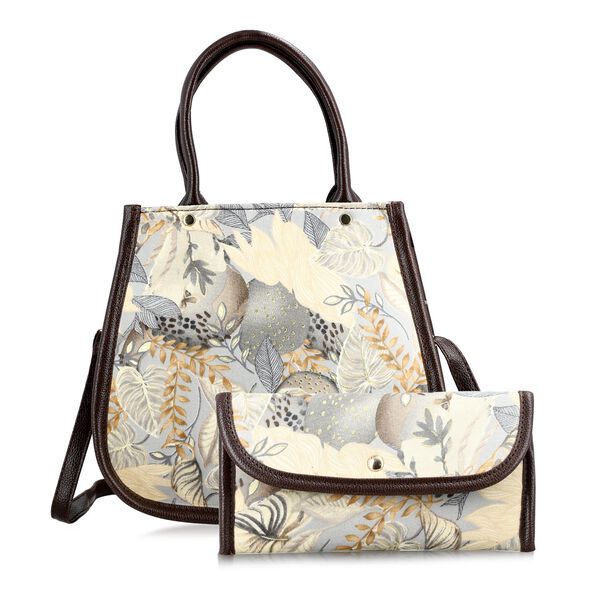 2er Set - Handtasche und Geldb&ouml;rse, Baumwolle, Grau Floral
