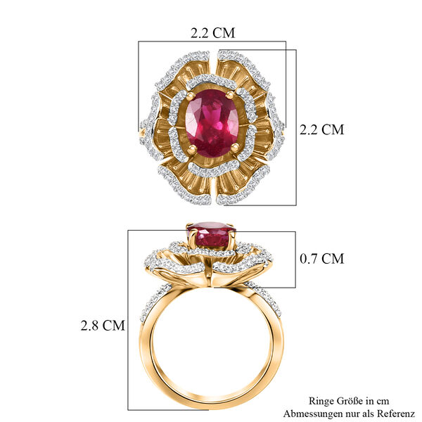 D'Joy Afrikanischer Rubin (Fissure gef&uuml;llt), Wei&szlig;er Zirkon Ring 925 Silber 750 Gelbgold Vermeil (Gr&ouml;&szlig;e 17.00) ca. 3,75 ct image number 6