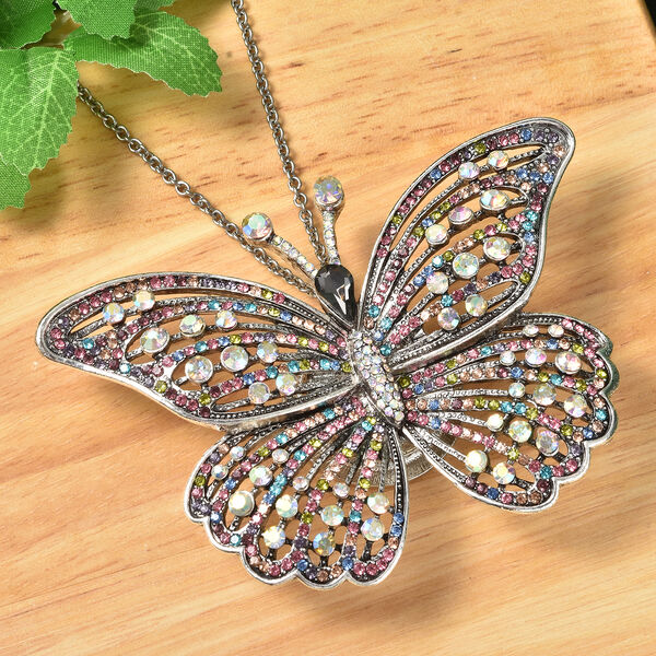 Mehrfarbige Kristall- und graue Glasperlen-Schmetterling-Brosche/Anh&auml;nger mit 60 cm Kette - 4 ct. image number 3