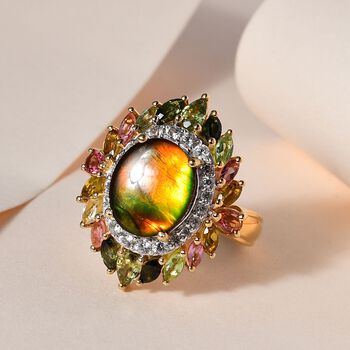 Kanadischer Ammolit, mehrfarbiger Turmalin Ring, 925 Silber Gelbgold Vermeil, (Gr&ouml;&szlig;e 19.00) ca. 6.61 ct