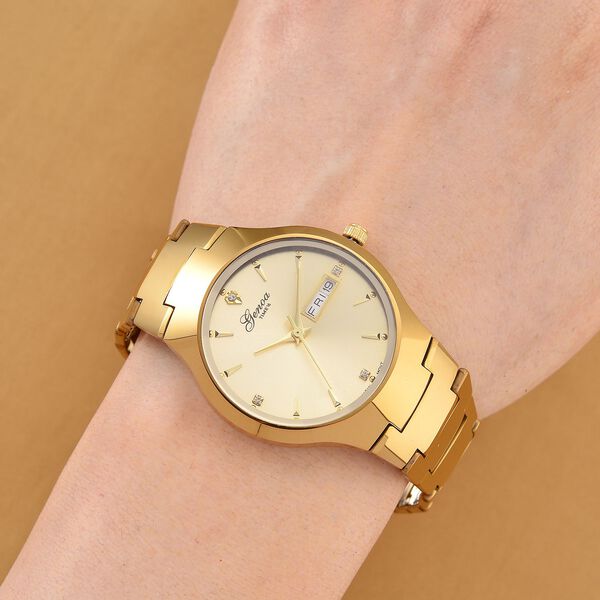 GENOA TIME V2 Uhr mit Japanischem VJ33 Quarzwerk, 36 mm, Zifferblatt mit Kristallen und Datumsanzeige, Armband aus Wolframstahl, 3 ATM wasserdicht, vergoldet image number 2