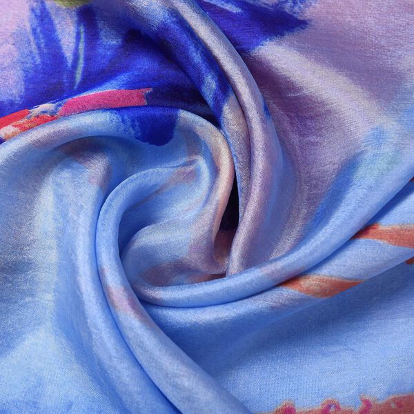 LA MAREY: Bedruckter Schal aus 100% Maulbeerseide, Blumenmuster, inkl. Geschenkbox, Blau und Orange image number 6