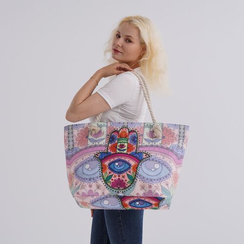  lifestyle-Color:white  with hand print;  Size/Profile:tote bag; Wall (exterior):Polyester,Lining (Interior):polyester  Pockets (exterior):Zipped-1;Pockets (interior):slip-1;Measurement (inches):15.95*7.08*14.96inch;  Closure Type: zipped; Hardware Type: image number 1
