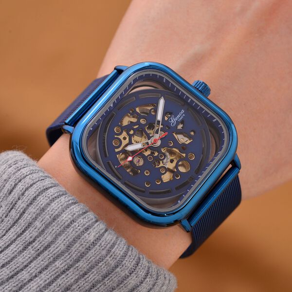 GENOA TIME V2 42mm Automatische Mechanikuhr - Schwarzes hohles Zifferblatt, Gehäuse aus Legierung mit IPS-Beschichtung, Edelstahl-Mesh-Armband, 3 ATM wasserdicht, Reiner Edelstahl, 8.5 cm, blau image number 3