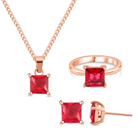3er Set - Roter Zirkonia Ring, Anhänger und Ohrringe Schmuckset (Größe 16.00), Reiner Edelstahl, rosevergoldet