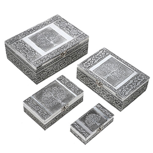 Satz von 4 handgefertigten Aluminiumboxen mit Adler-Motiv, groß bis klein 24x17x9 bis 13x6.5x3 cm, Adler