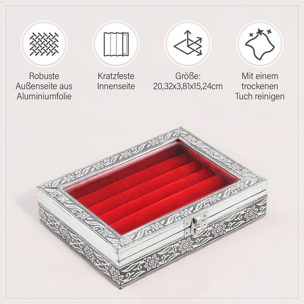 Handgefertigte Ringbox aus Aluminium mit Blumenmuster und Kratzschutzfutter in Rot image number 6