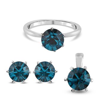 LUSTRO STELLA &Ouml;sterreichischer Indicolite Kristall Solit&auml;r Set aus Ring, Ohrringe und Anh&auml;nger 925 Silber platiniert