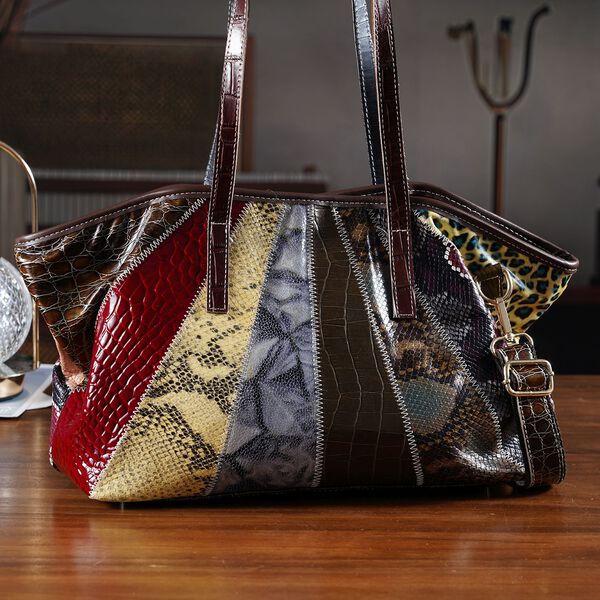 Chaos by Elsie- Echtleder-Shopper, RFID-Schutz, Strahlen Paneel Design, Patchwork aus gepr&auml;gten Ledern Kroko Schlange Leopard Metallic, 33x13x24cm, Mehrfarbig. image number 2