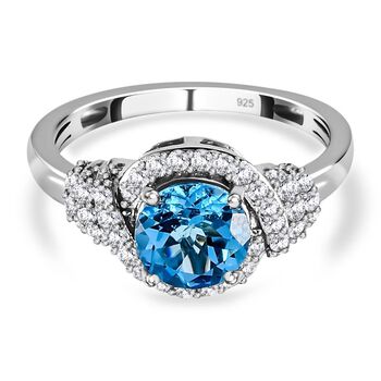 Schweizer Blautopas, Wei&szlig;er Zirkon Ringe 925 Silber platiniert (Gr&ouml;&szlig;e 17.00) ca. 1.89 ct