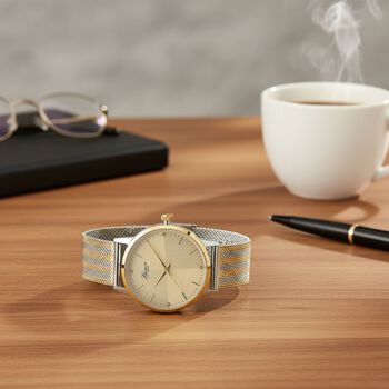 GENOA TIME - V2 Automatik Armbanduhr, Geh&auml;use 316 Edelstahl Sonnenschein Zifferblatt mit wei&szlig;em Diamant Edelstahl Mesharmband, bicolor