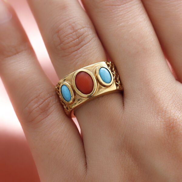 Koralle und nat&uuml;rlicher, Sleeping Beauty T&uuml;rkis Ring 925 Silber vergoldet  ca. 1,77 ct image number 3