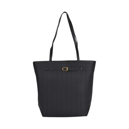 Shopper Tasche aus Echtleder mit Zierschnalle und Doppelgriffen, Metallf&uuml;&szlig;e, 25x11x32 cm, Schwarz