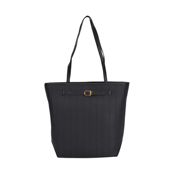 Tragetasche aus echtem Leder mit dekorativer Schnalle und zwei Griffen, 25&times;11&times;32 cm, Schwarz