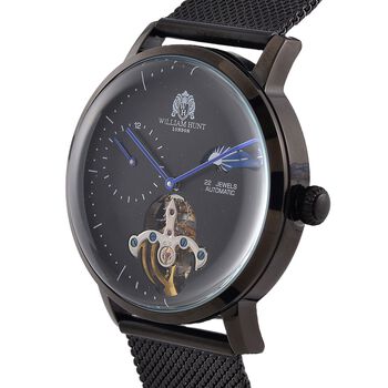 William Hunt Automatik-Uhr - IP-schwarzbeschichtetes Edelstahlgeh&auml;use, schwarzes Multifunktionszifferblatt mit gew&ouml;lbtem Glas, Edelstahl-Mesh-Armband, Glasboden, 5 ATM wasserdicht, Reiner Edelstahl