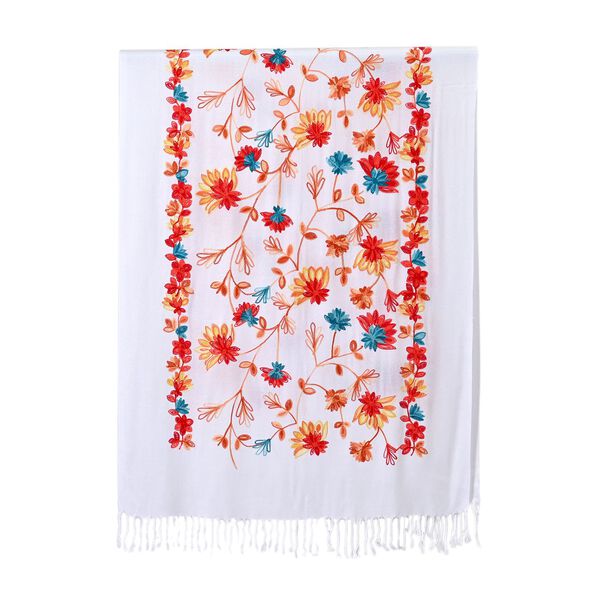 Bestickter Schal mit Fransen, Wei&szlig; image number 2
