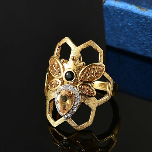 GP Trinfo Kollektion - Citrin, Schwarzer Spinell Ring, 925 Silber 750 Gelbgold Vermeil (Größe 21.00) ca. 1.25 ct image number 1