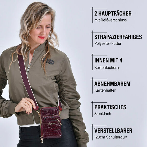 PASSAGE Crossbody Tasche aus PU-Lackleder mit Krokoprägung und RFID-Schutz, 18x7x11 cm, Bordeaux image number 2