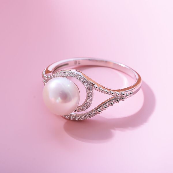 Süßwasserzuchtperle und weißer Zirkonia Ring, 925 Silber platiniert (Größe 20.00) ca. 0.23 ct image number 1