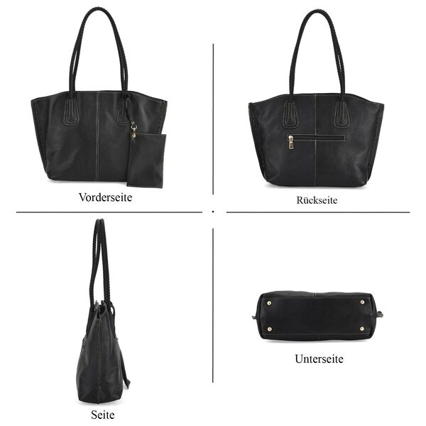 2er-Set Echtleder-Shopper, stilvolle Handtaschen mit passendem Rei&szlig;verschluss-Etui, Schwarz image number 5