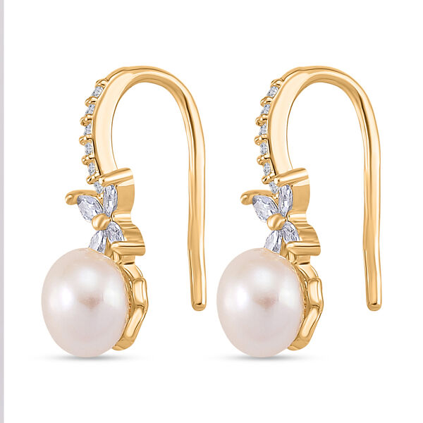 Wei&szlig;e S&uuml;&szlig;wasser Perle (6-8 mm), Wei&szlig;er Zirkonia Ohrringe Nickelfreies Messing vergoldet image number 4