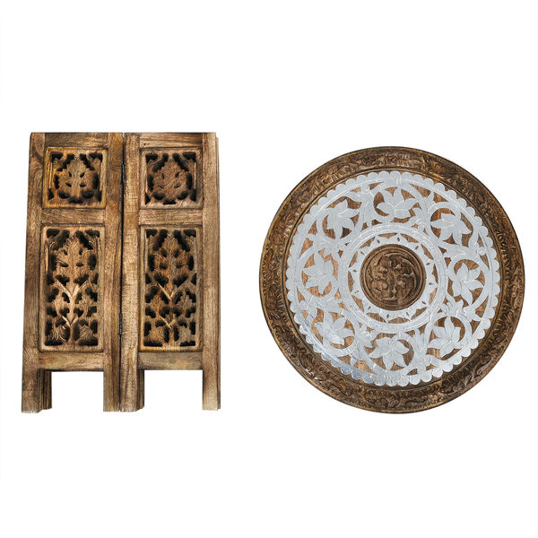 NAKKASHI - Handgefertigter Couchtisch aus Mangoholz mit Metallpr&auml;gung, Burn-Finish und kunstvoller Schnitzerei, ca. 45x45x45cm, Natur image number 4