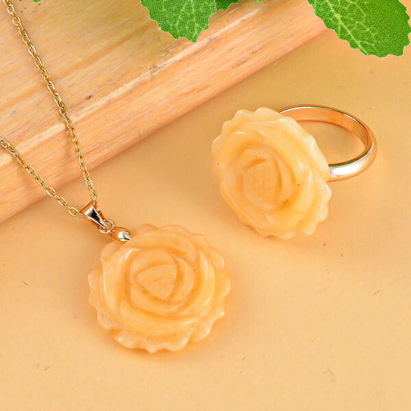 2er Set - Handgeschnitzer Gelber Quarzit Ring und Anhänger mit Kette, (Größe 17.00), goldfarben, ca. 30.00 ct image number 2