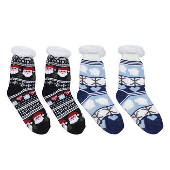 2er-Set - 2 Paar rutschfeste Haus Socken mit warmem Sherpa Futter, Einheitsgr&ouml;&szlig;e Weihnachtsmotiv, Schwarz und Blau&nbsp;