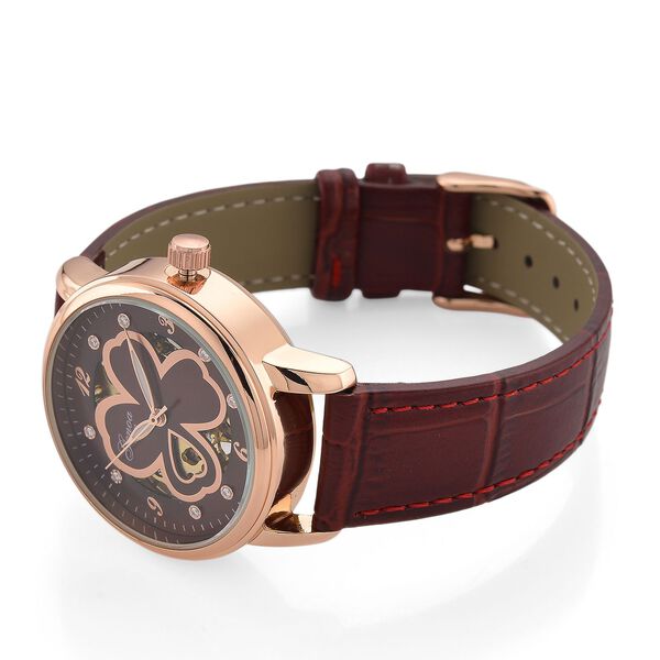 GENOA Automatikuhr mit Automatikwerk, Zifferblatt mit Blumenmuster und Moissaniten, weinrotes Lederarmband, 36mm image number 6