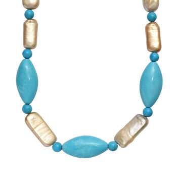 Blau gef&auml;rbte Magnesit und gelb gef&auml;rbte Perle-Halskette,  45+5cm