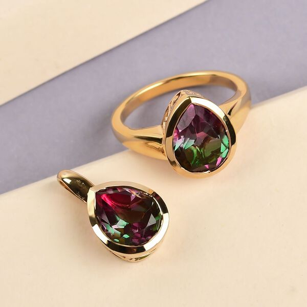 Wassermelonen-Quarz-Triplett-Ring und Anh&auml;nger, 925 Silber vergoldet ca. 7,11 ct image number 2